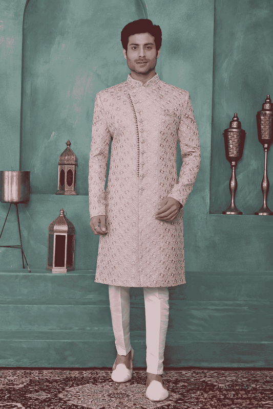 Onion Pink Colour Art Silk Embroidery Work Sherwani