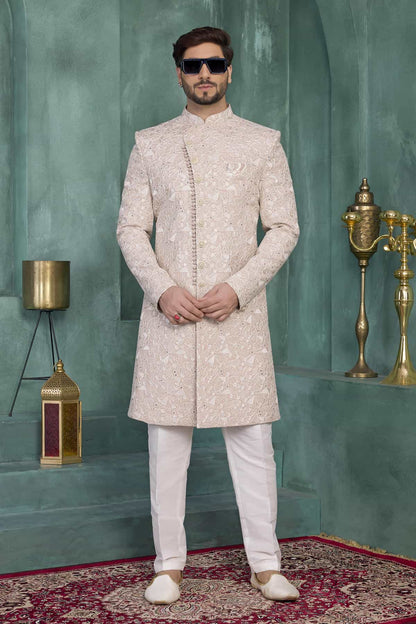 Onion Pink Colour Art Silk Embroidery Work Sherwani