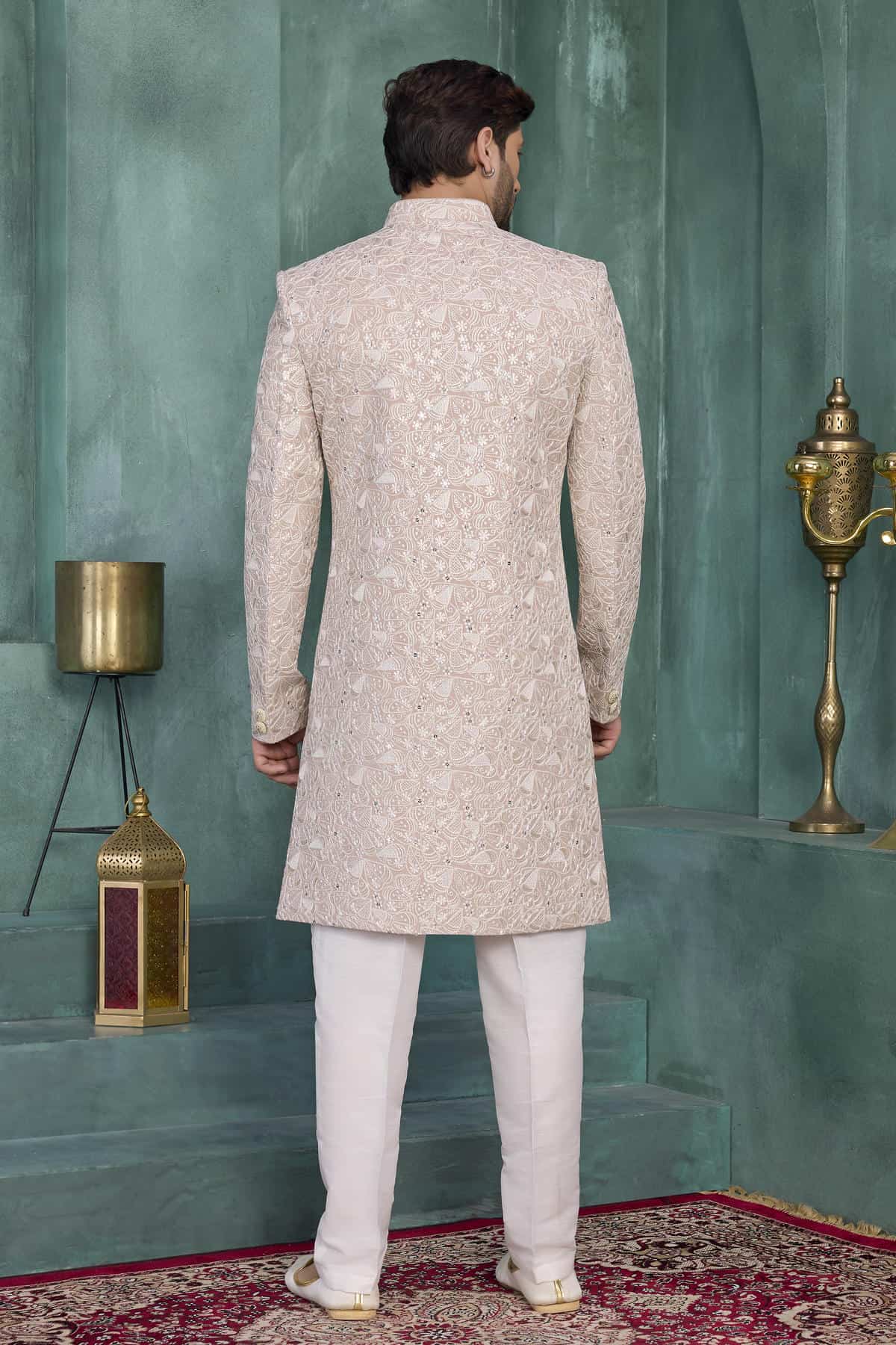 Onion Pink Colour Art Silk Embroidery Work Sherwani
