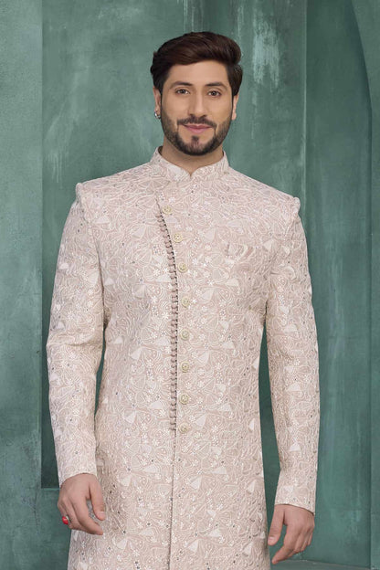Onion Pink Colour Art Silk Embroidery Work Sherwani