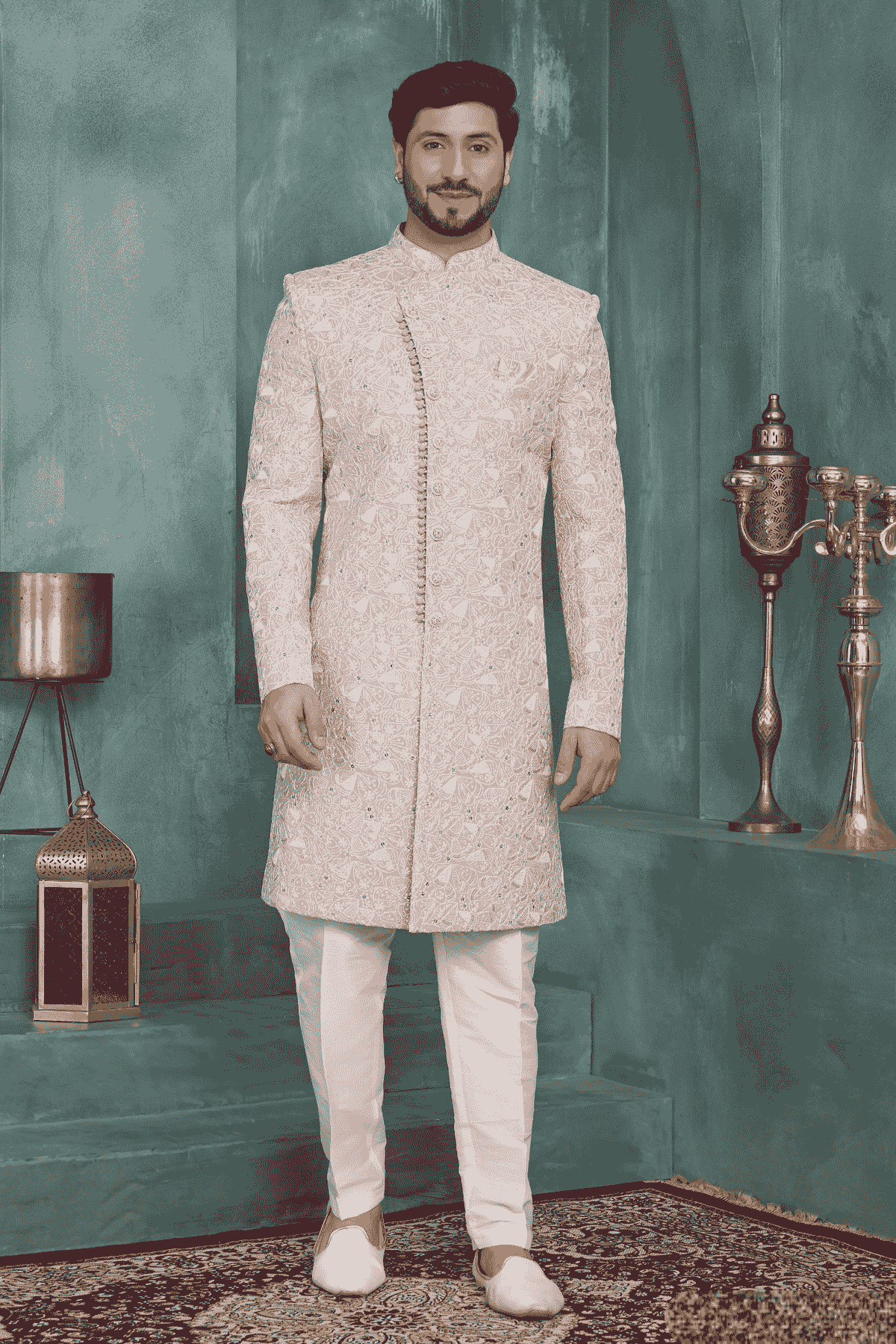 Onion Pink Colour Art Silk Embroidery Work Sherwani