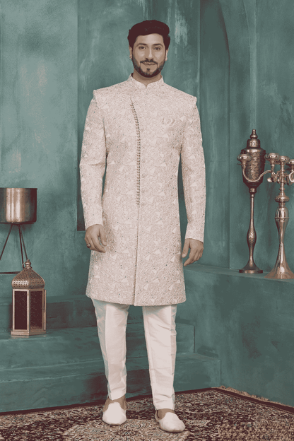 Onion Pink Colour Art Silk Embroidery Work Sherwani