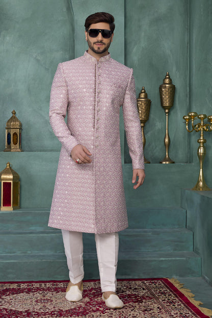 Onion Pink Colour Art Silk Embroidery Work Sherwani