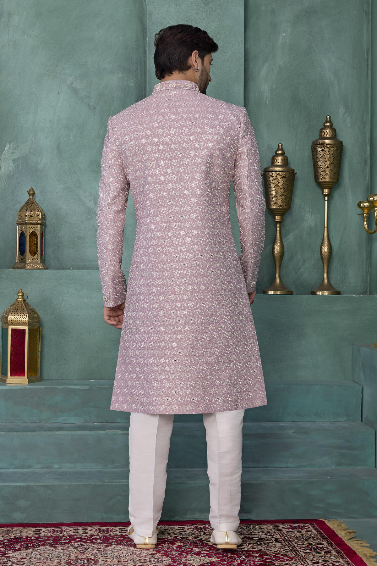 Onion Pink Colour Art Silk Embroidery Work Sherwani