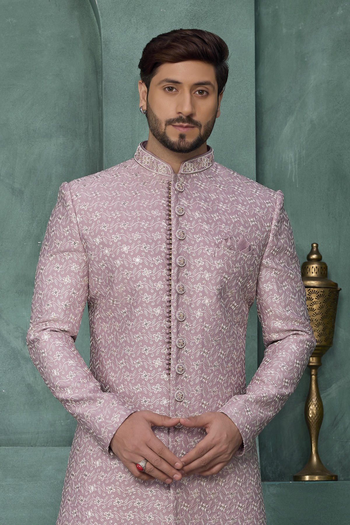 Onion Pink Colour Art Silk Embroidery Work Sherwani