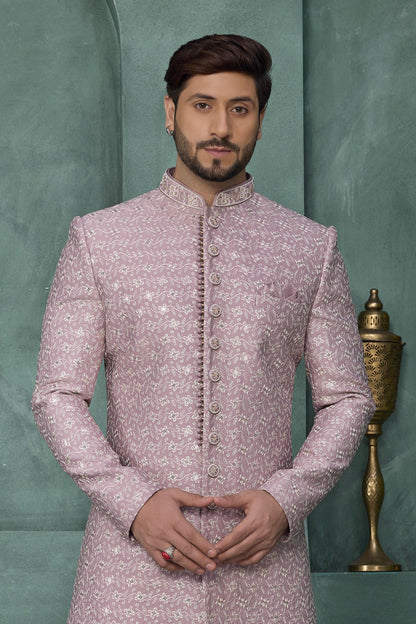 Onion Pink Colour Art Silk Embroidery Work Sherwani