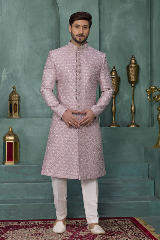 Onion Pink Colour Art Silk Embroidery Work Sherwani