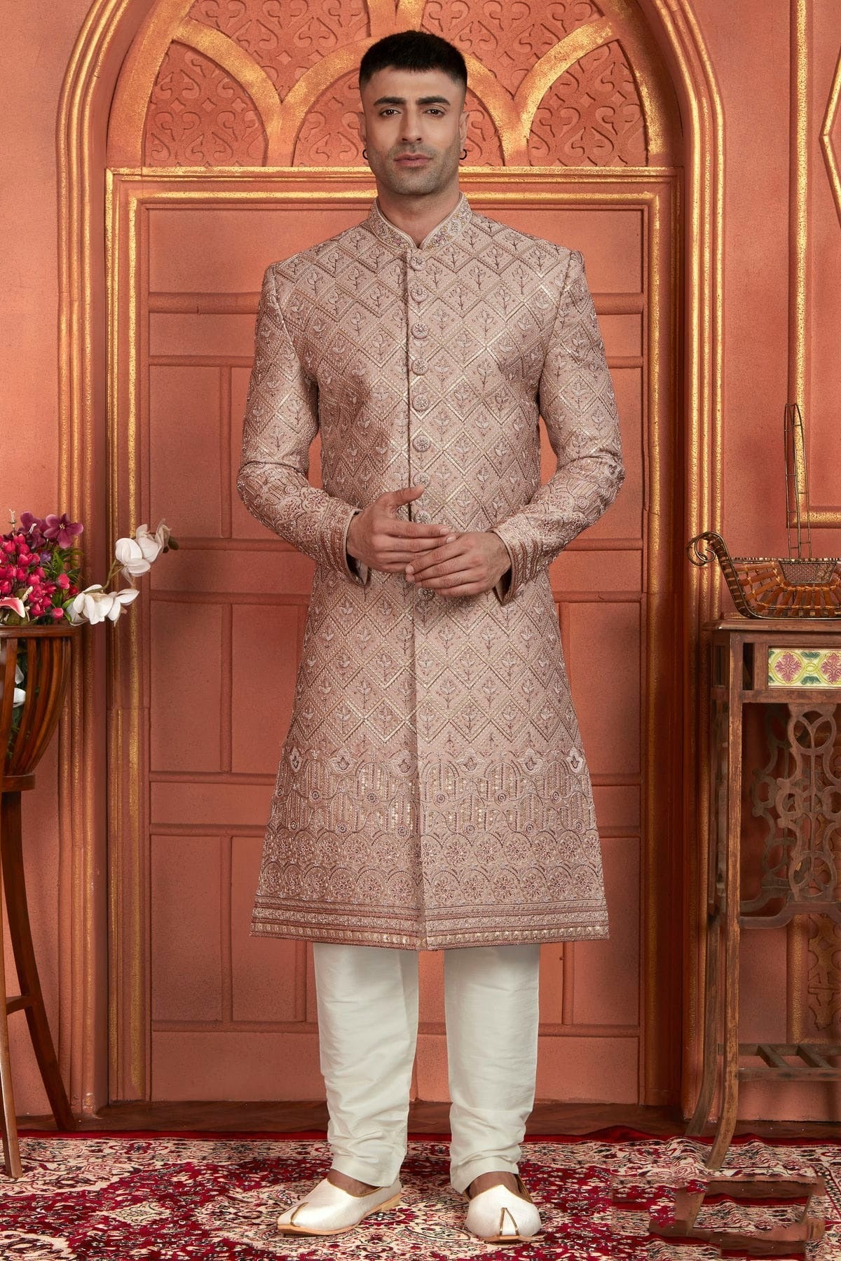 Onion Pink Colour Art Silk Sherwani With Churidar Pant SH1230053