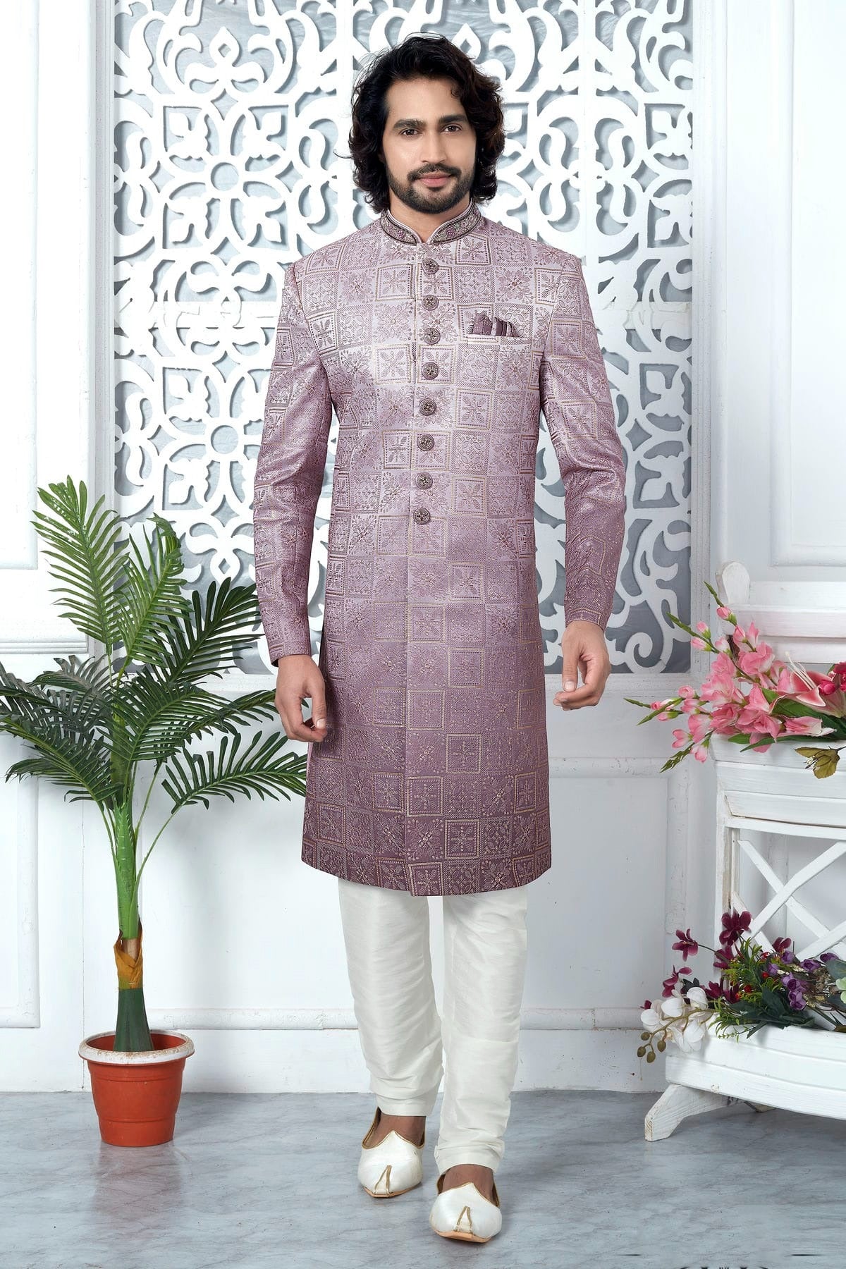 Onion Pink Colour Art Silk Sherwani With Churidar Pant SH1230055