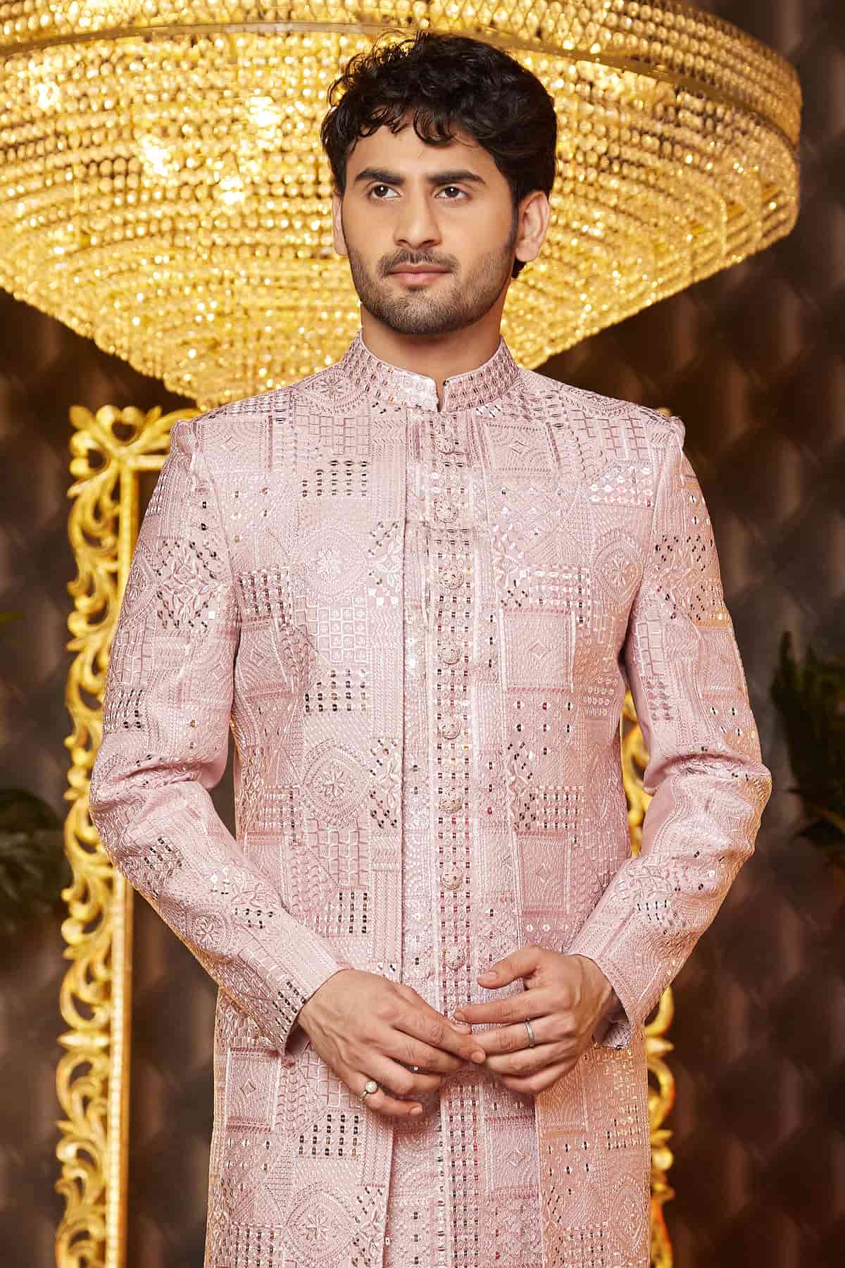 Onion Pink Colour Art Silk Thread Work Embroidery 3 Pcs Attach Indo Western