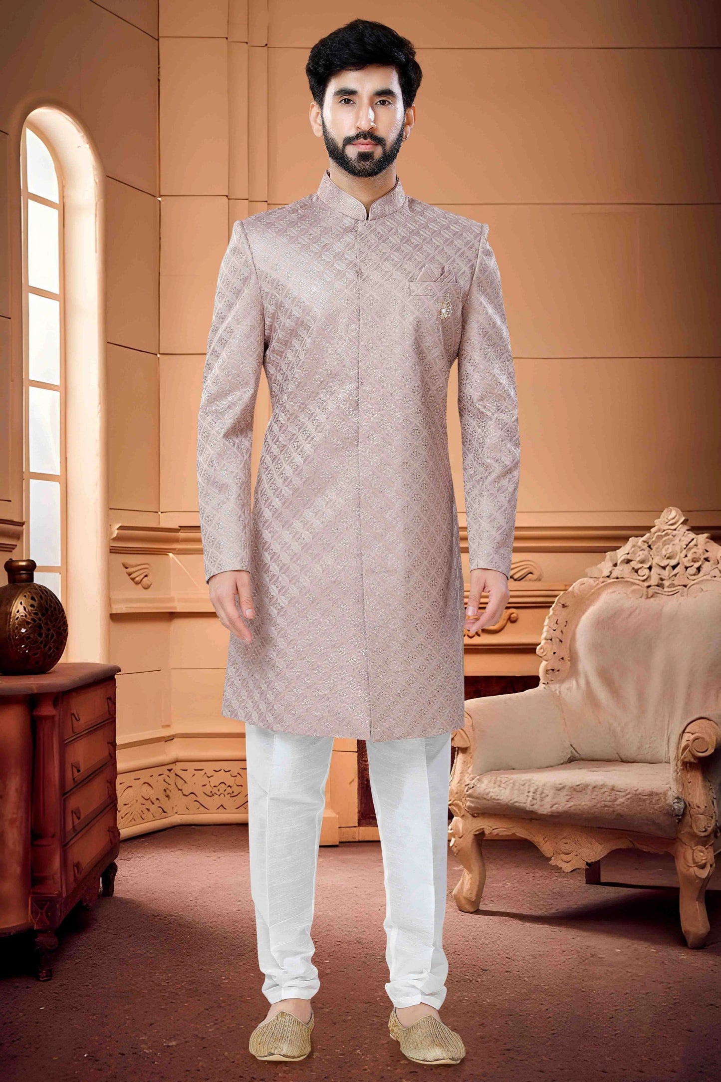 Onion Pink Colour Indo Western In Silk Fabric SH1130130