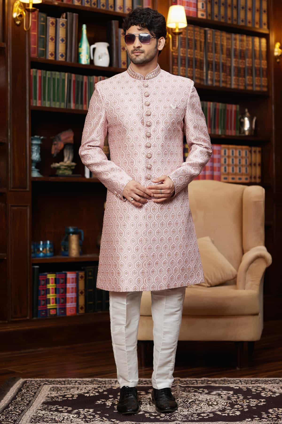 Onion Pink Colour Jacquard Silk Embroidery Work Indo Western