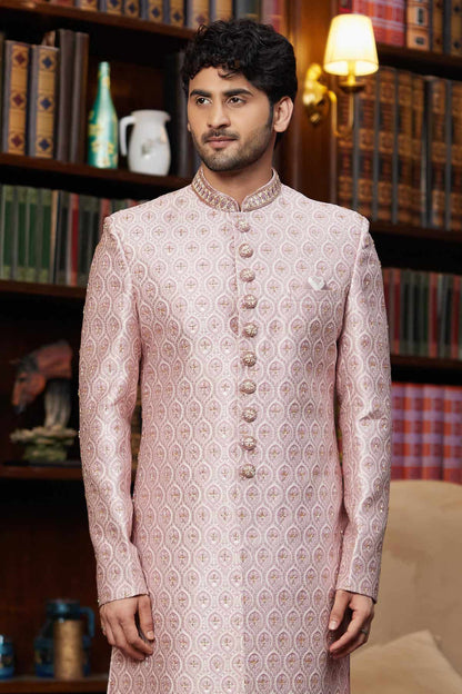 Onion Pink Colour Jacquard Silk Embroidery Work Indo Western