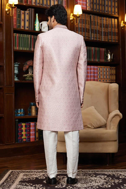Onion Pink Colour Jacquard Silk Embroidery Work Indo Western