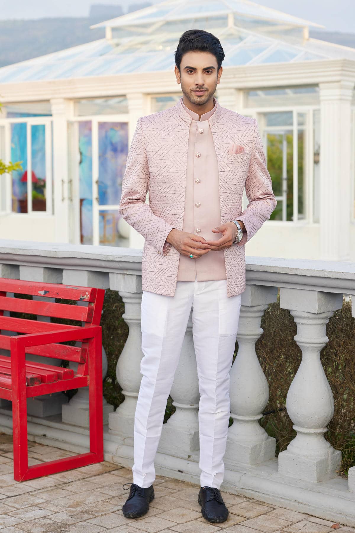 Onion Pink Colour Thread Work Embroidery Art Silk 3 Pcs Jacket Jodhpuri JP1230639