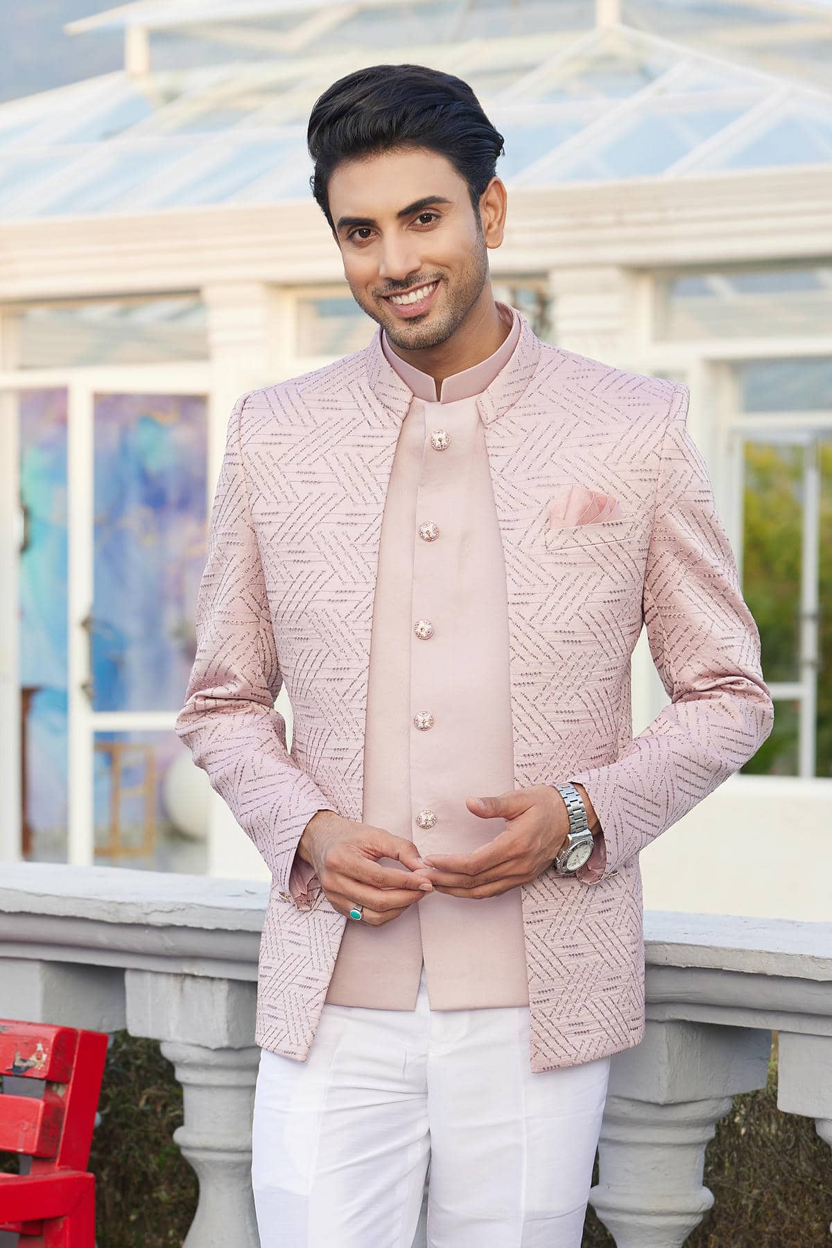 Onion Pink Colour Thread Work Embroidery Art Silk 3 Pcs Jacket Jodhpuri JP1230639