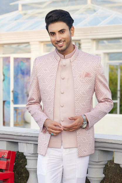 Onion Pink Colour Thread Work Embroidery Art Silk 3 Pcs Jacket Jodhpuri JP1230639