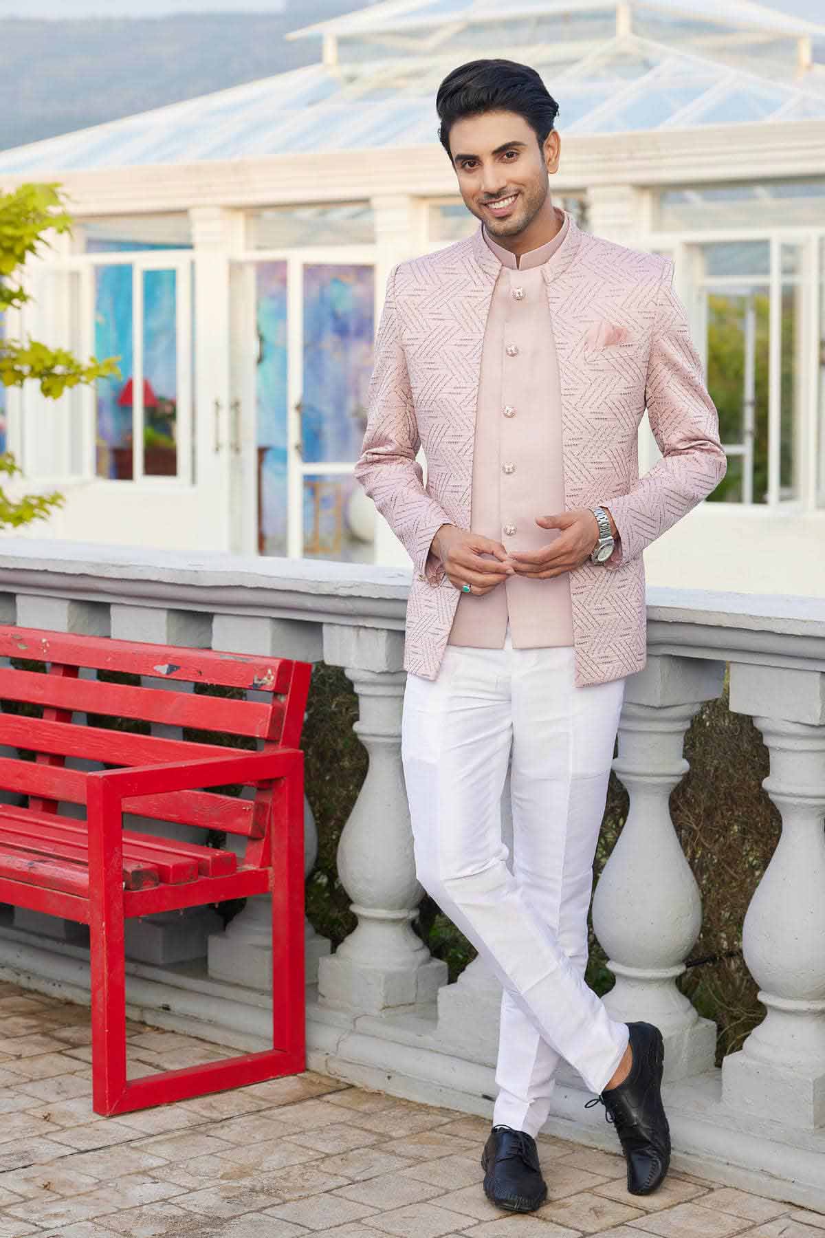 Onion Pink Colour Thread Work Embroidery Art Silk 3 Pcs Jacket Jodhpuri JP1230639
