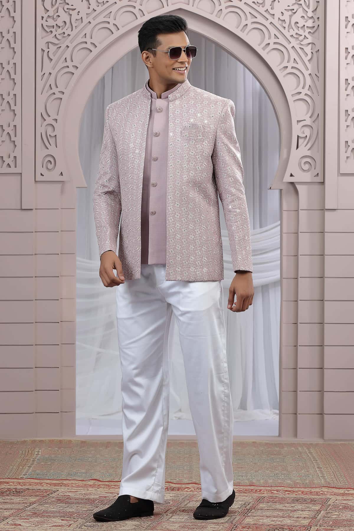 Onion Pink Colour Thread Work Embroidery Art Silk 3 Pcs Jacket Jodhpuri