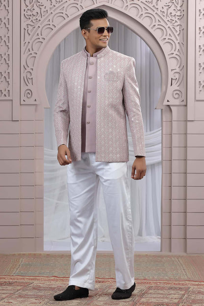 Onion Pink Colour Thread Work Embroidery Art Silk 3 Pcs Jacket Jodhpuri
