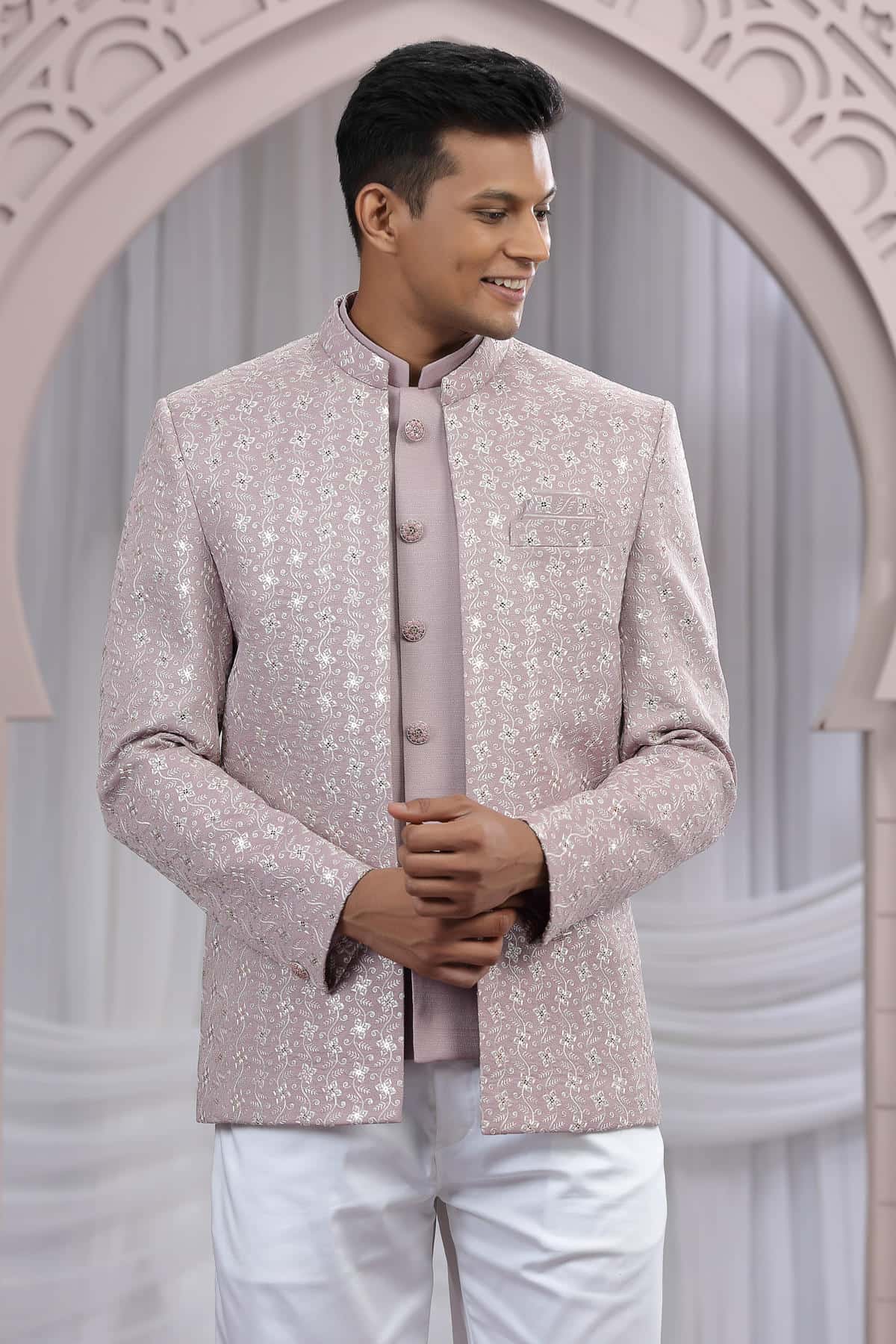 Onion Pink Colour Thread Work Embroidery Art Silk 3 Pcs Jacket Jodhpuri