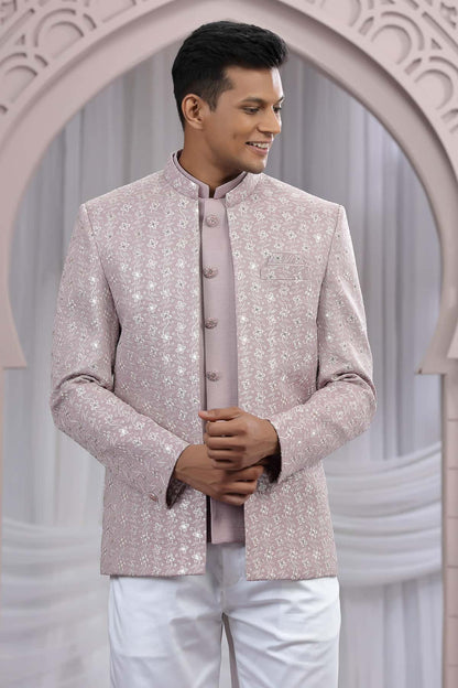 Onion Pink Colour Thread Work Embroidery Art Silk 3 Pcs Jacket Jodhpuri
