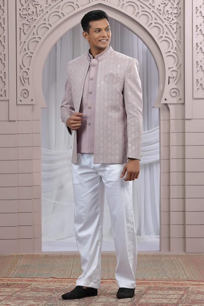 Onion Pink Colour Thread Work Embroidery Art Silk 3 Pcs Jacket Jodhpuri