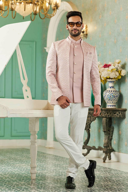 Onion Pink Colour Thread Work Embroidery Art Silk 3 Pcs Jodhpuri Set JP1230626