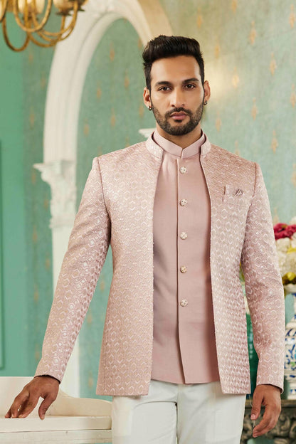 Onion Pink Colour Thread Work Embroidery Art Silk 3 Pcs Jodhpuri Set JP1230626