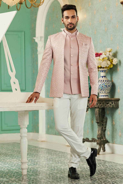 Onion Pink Colour Thread Work Embroidery Art Silk 3 Pcs Jodhpuri Set JP1230626