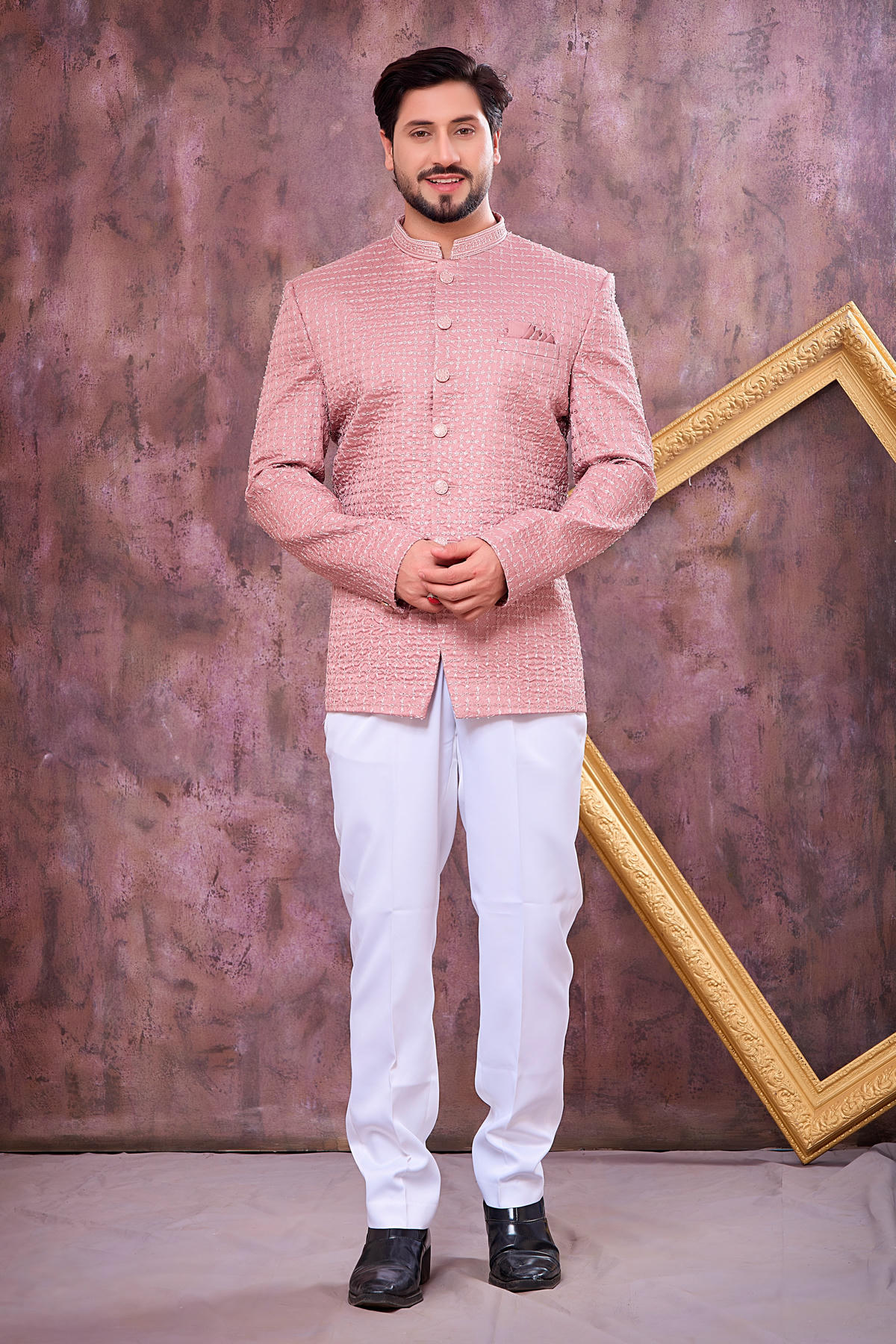 Onion Pink Colour Thread Work Embroidery Art Silk Jodhpuri