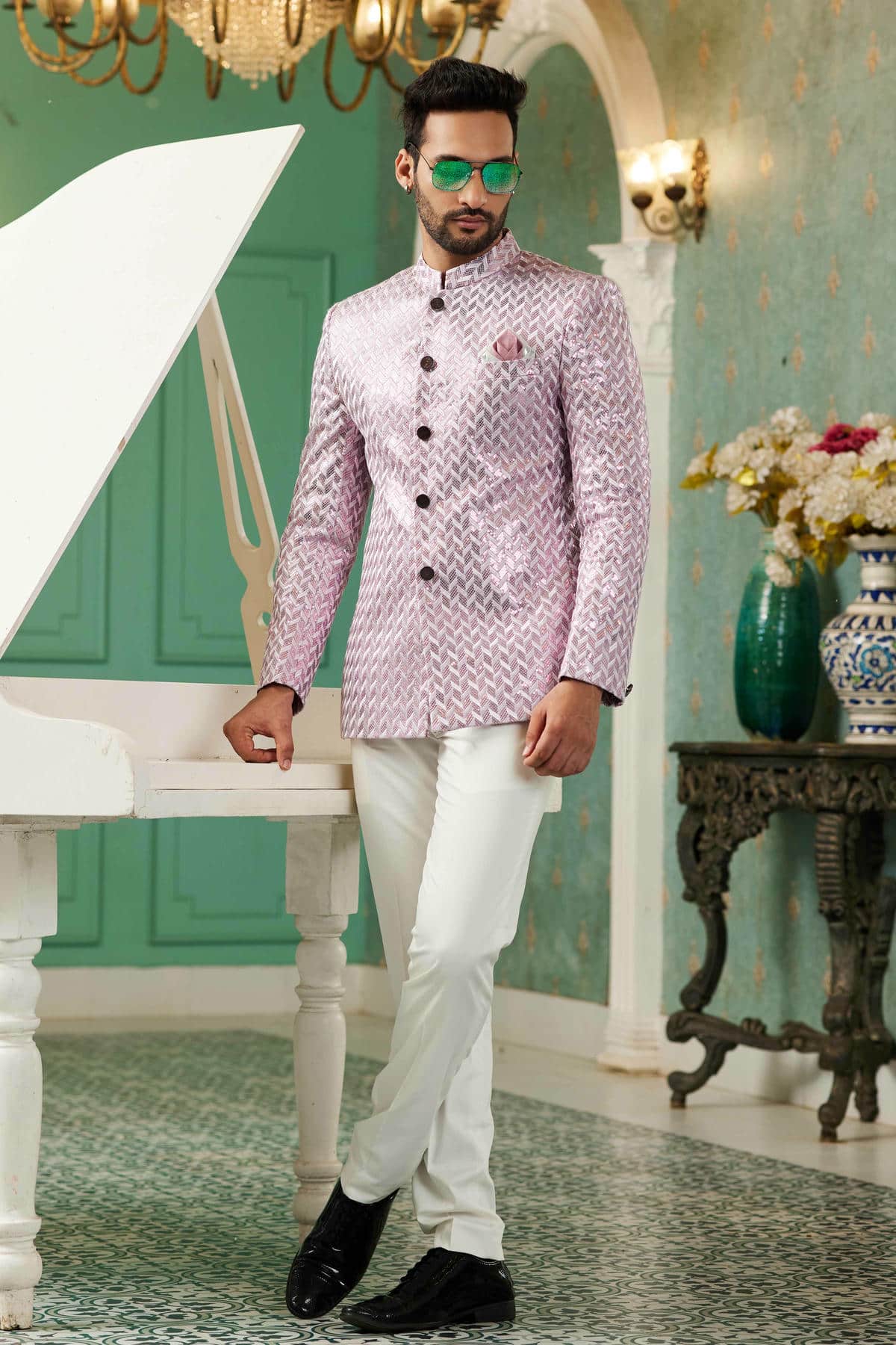 Onion Pink Colour Thread Work Embroidery Art Silk Jodhpuri Set JP1230633