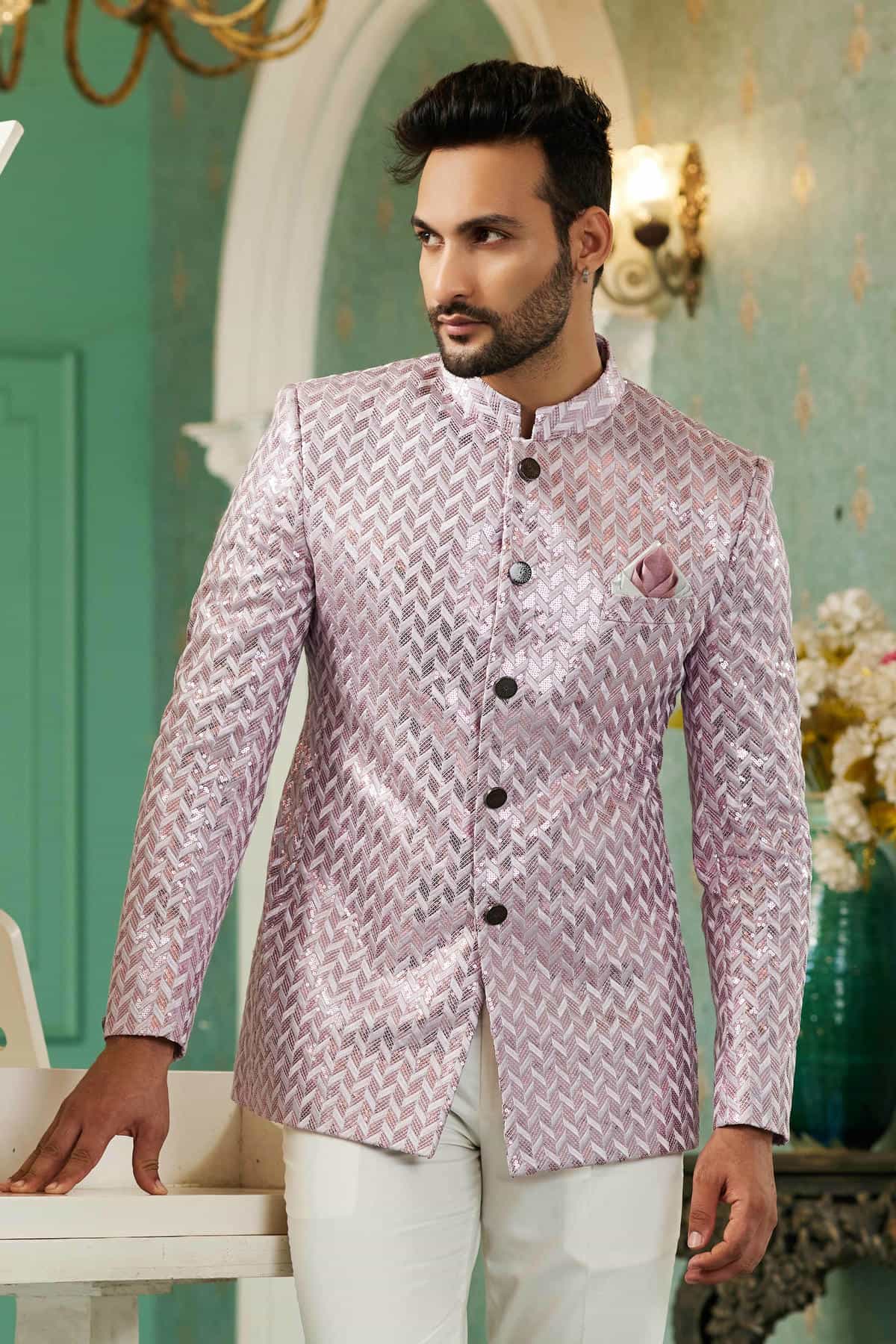 Onion Pink Colour Thread Work Embroidery Art Silk Jodhpuri Set JP1230633