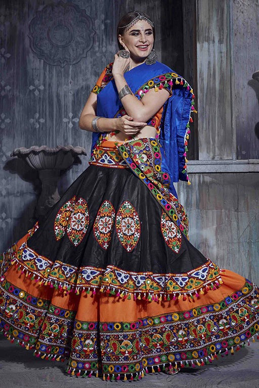 Orange And Black Colour Art Silk Navratri Lehenga Choli LC1240065