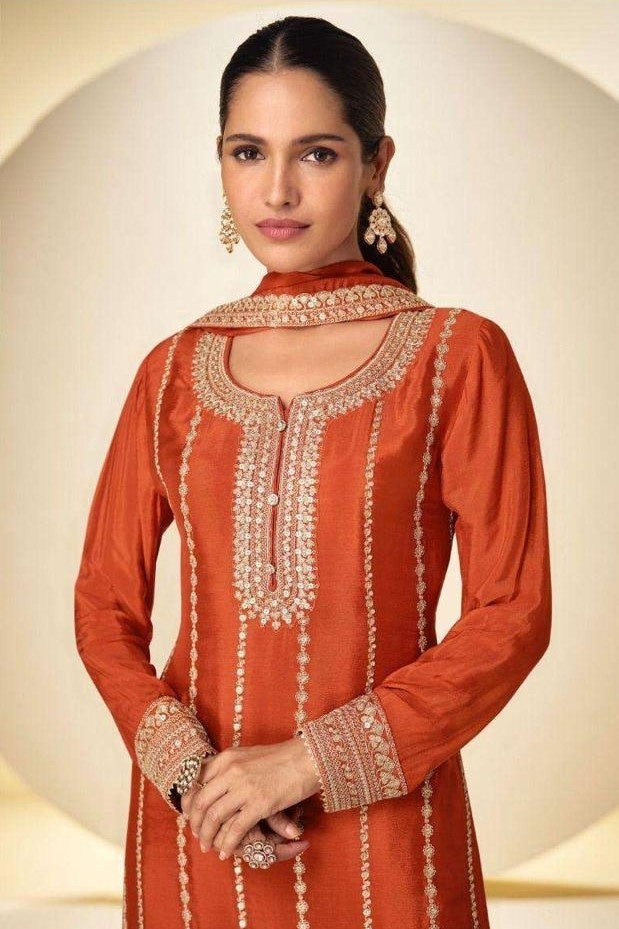 Orange Colour Chinon Embroidery Work Palazzo Pant Suit