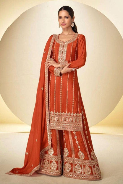Orange Colour Chinon Embroidery Work Palazzo Pant Suit