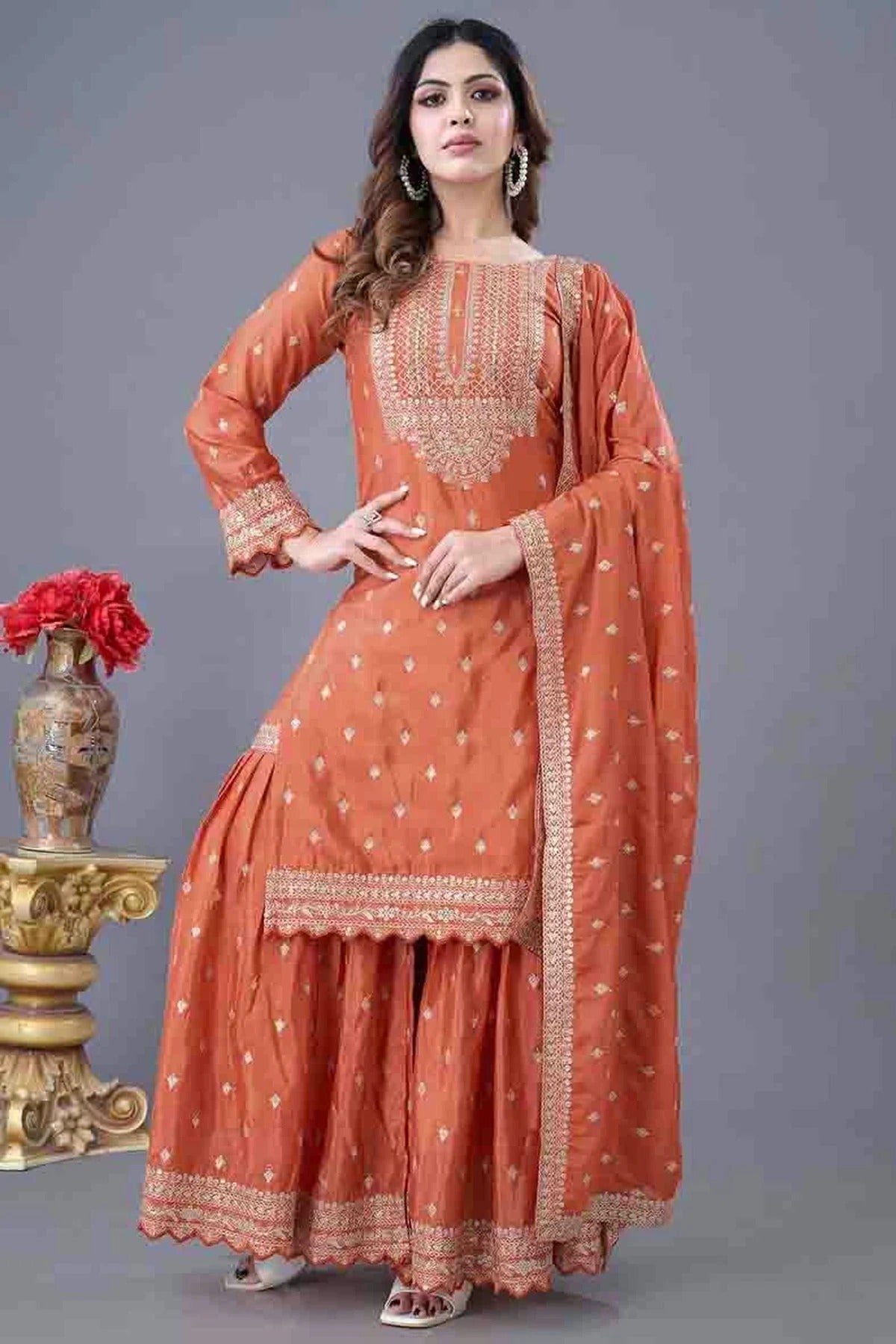 Orange Colour Chinon Silk Stitched Sharara Suit SS1140945