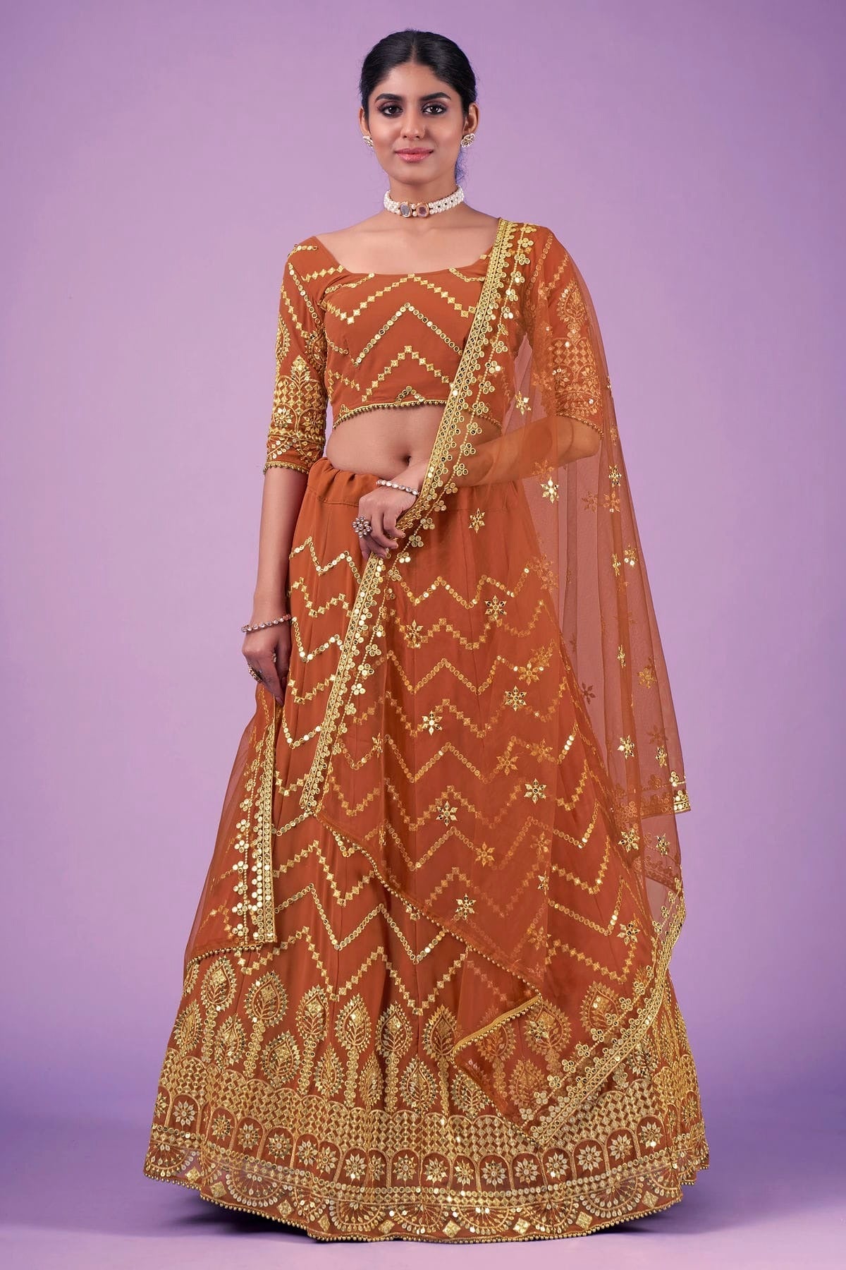 Orange Colour Embroidery Georgette Lehenga Choli LD1080667