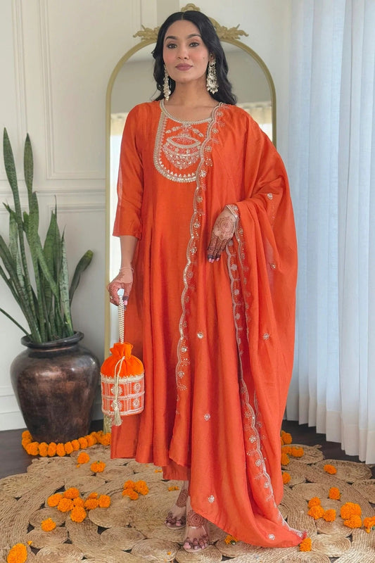 Orange Colour Embroidery Vichitra Silk Stitched Suit SS1112456