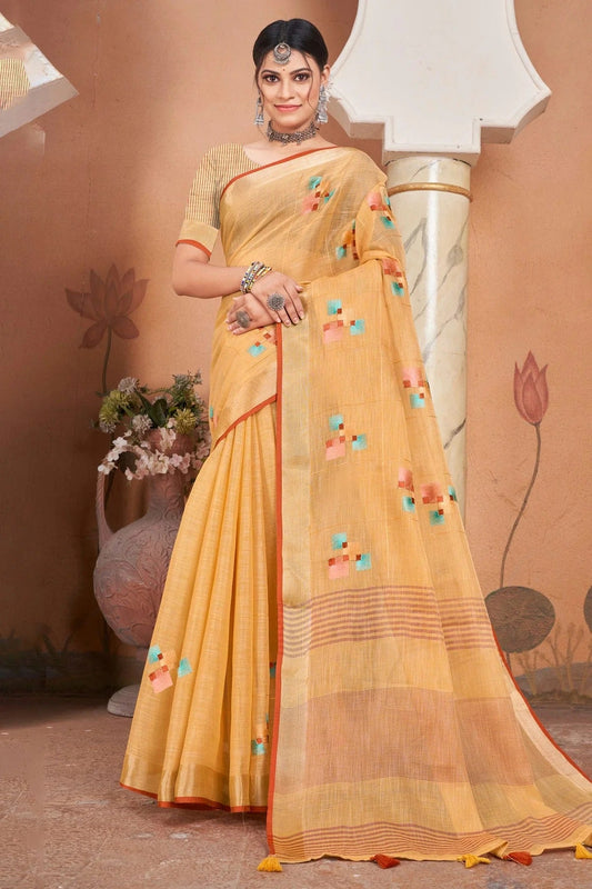 Orange Colour Embroidery Work Linen Saree SD1101435