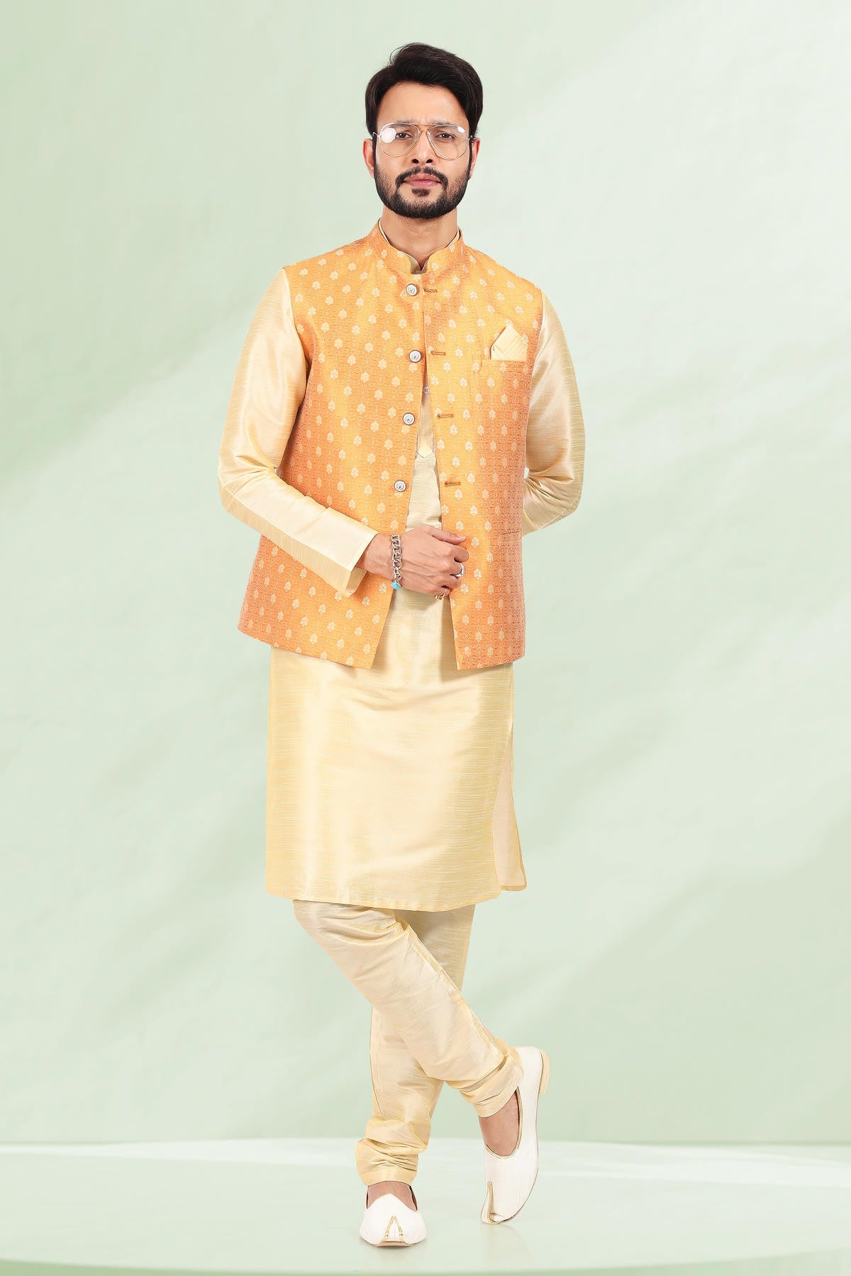 Orange Colour Jacquard Banarasi Silk Woven Work Kurta Pajama With Jacket