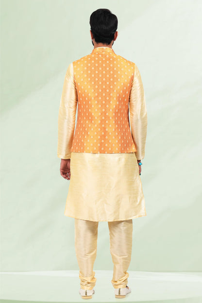 Orange Colour Jacquard Banarasi Silk Woven Work Kurta Pajama With Jacket