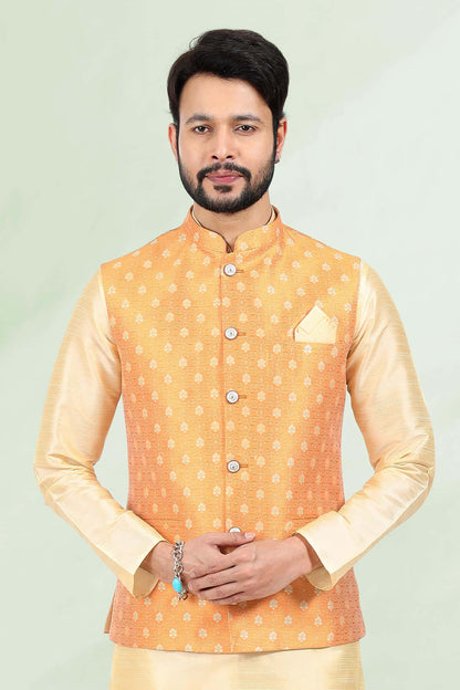 Orange Colour Jacquard Banarasi Silk Woven Work Kurta Pajama With Jacket