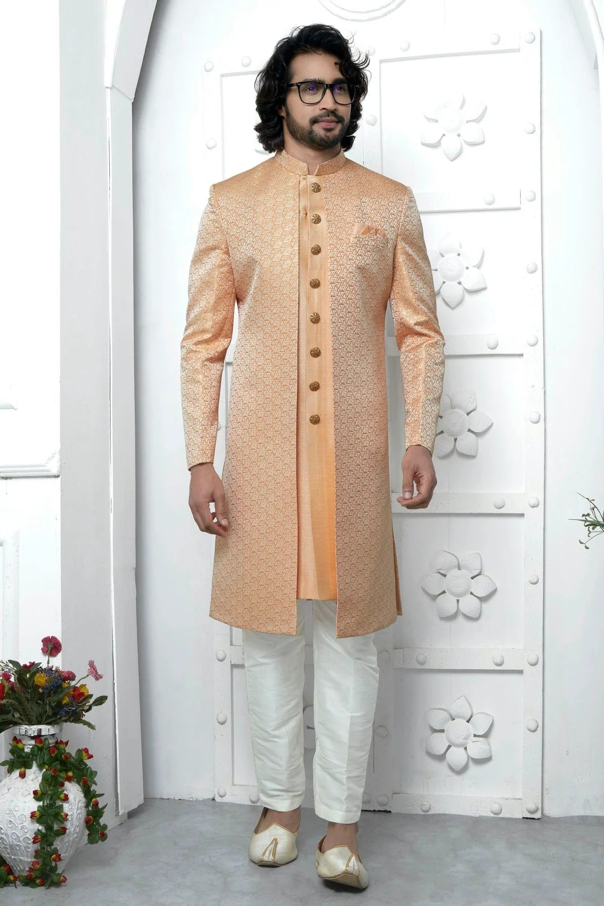 Orange Colour Jacquard Silk Indowestern Sherwani With Aligadhi Pant SH1230041 A