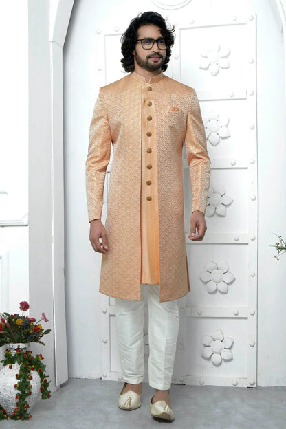 Orange Colour Jacquard Silk Indowestern Sherwani With Aligadhi Pant SH1230041 A