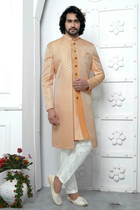 Orange Colour Jacquard Silk Indowestern Sherwani With Aligadhi Pant SH1230041