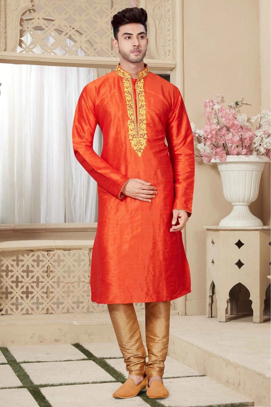 Orange Colour Kurta Pajama In Art Dhupion Fabric KP1040010