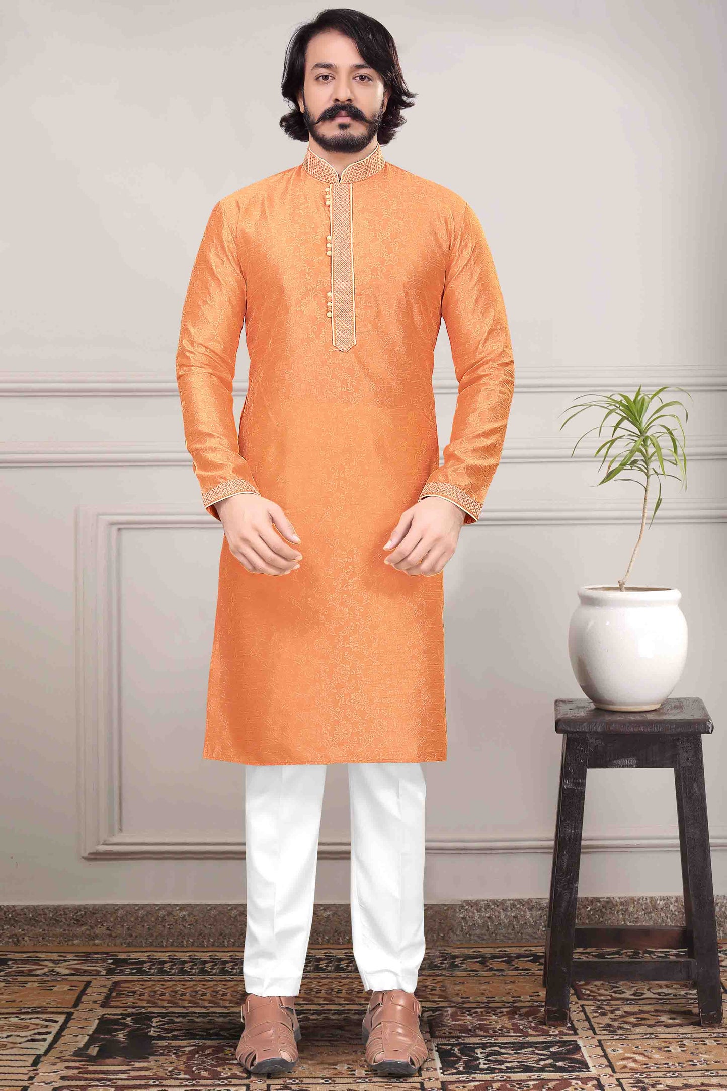 Orange Colour Kurta Pajama In Jacquard Silk KP1210024