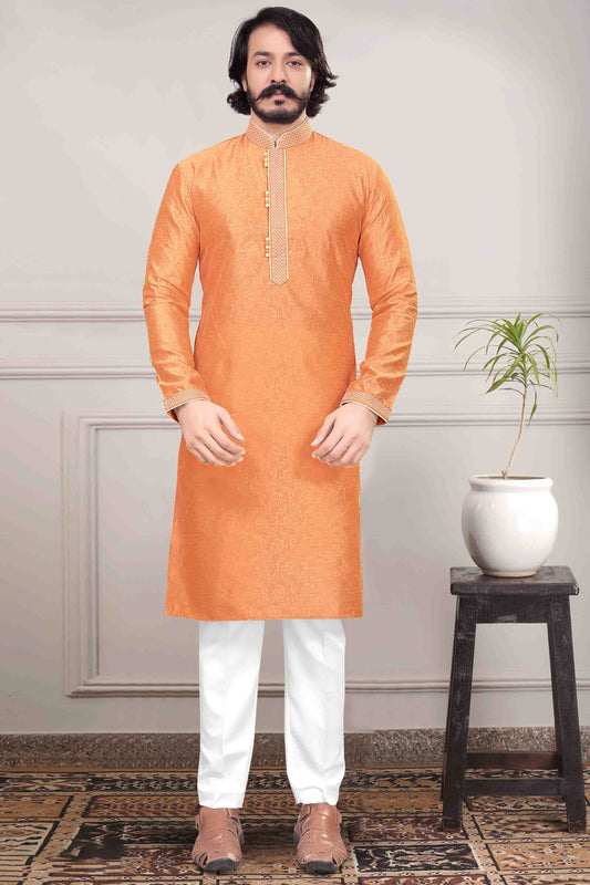 Orange Colour Kurta Pajama In Jacquard Silk KP1210024