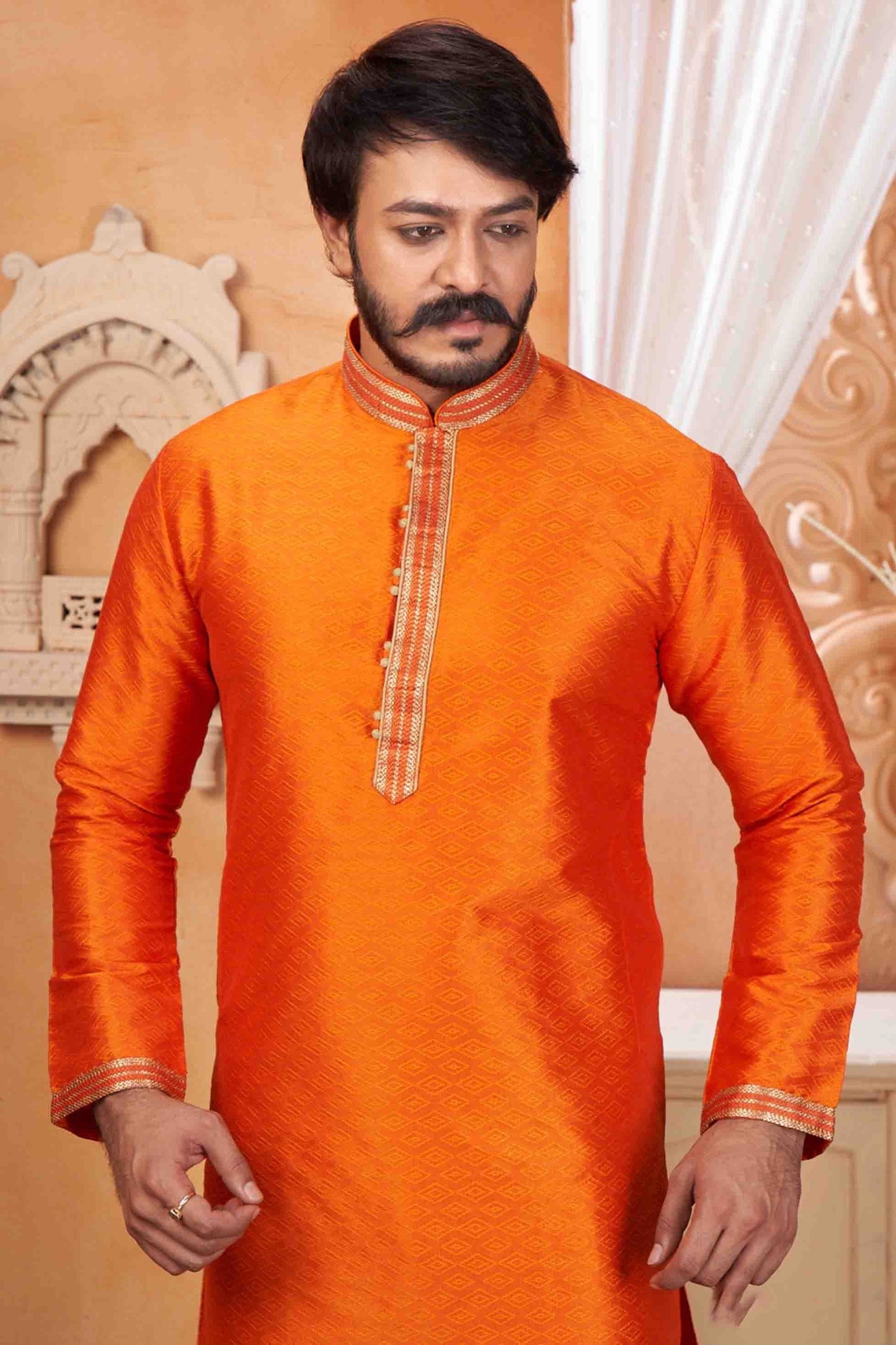 Orange Colour Kurta Pajama In Jacquard Silk KP1210048 A